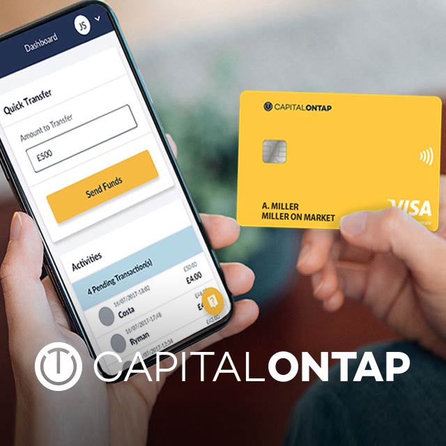 Capital on Tap logo overlaid over image of person using their Capital on Tap card to make a mobile purchase.